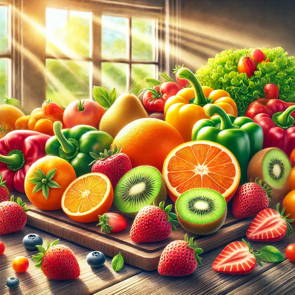 Illustration montrant des aliments riches en vitamine C comme les oranges, les kiwis et les poivrons.
